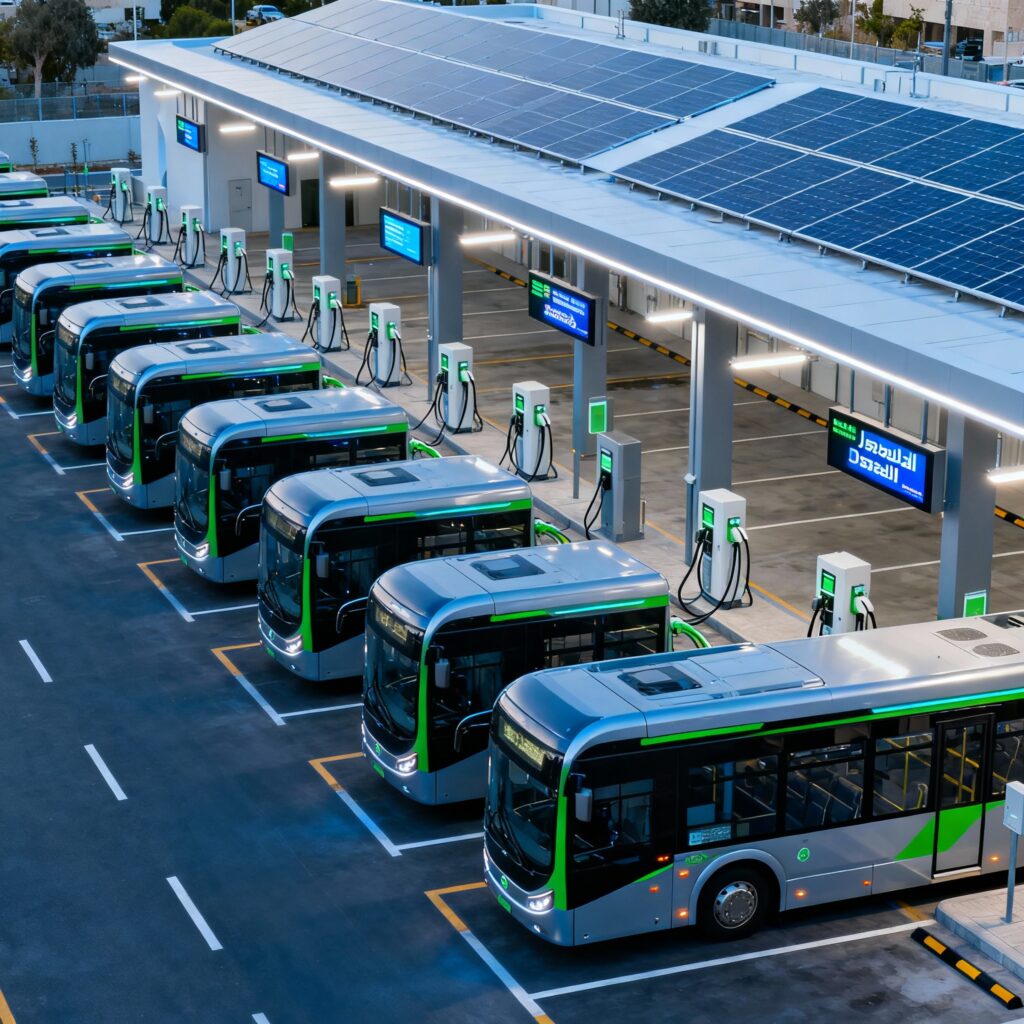 צי אוטובוסים חשמליים במוסך עם תשתית מתקדמת