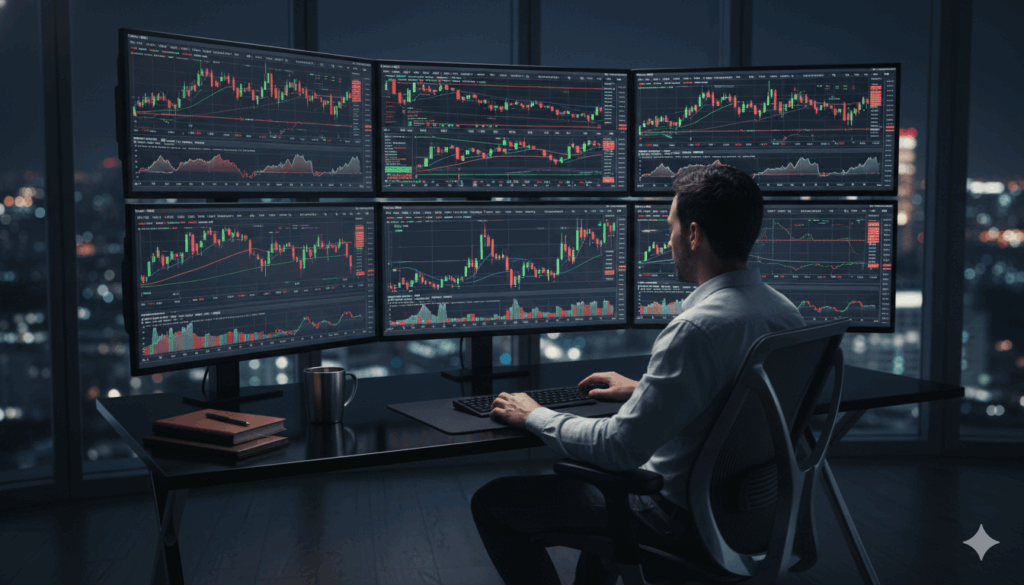 תיק השקעות מגוון עם מטבעות ומסמכים פיננסיים