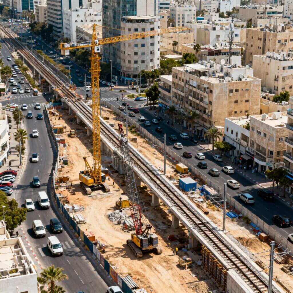 מבט אווירי על עבודות בניית הרכבת הקלה בתל אביב