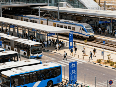 מרכז תחבורה משולב עם אוטובוסים רכבות ורכבים שיתופיים