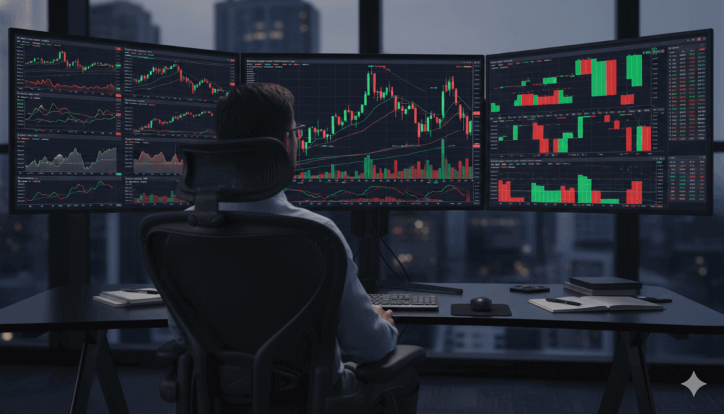 מסך מסחר בבורסה עם גרפים ונתונים פיננסיים