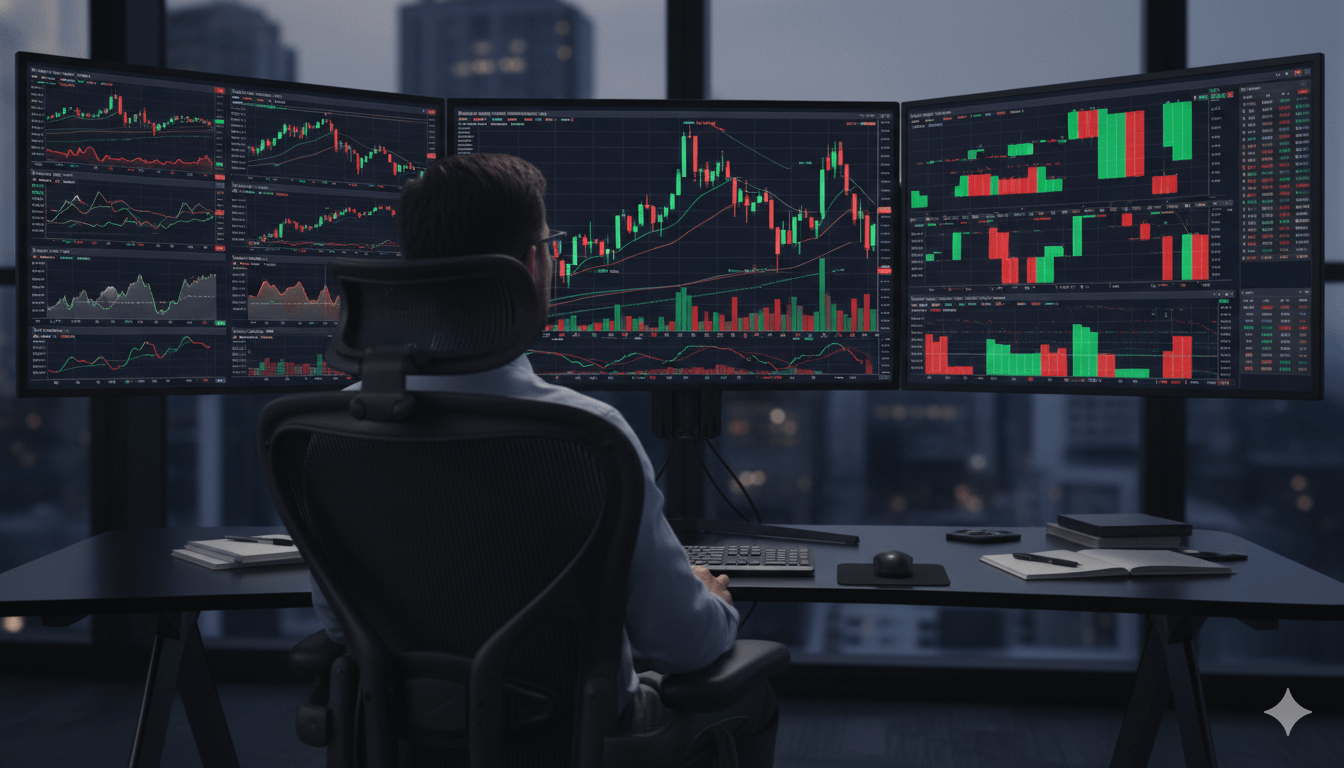מסך מסחר בבורסה עם גרפים ונתונים פיננסיים