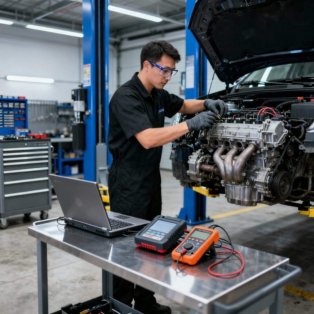 טכנאי מוסך מבצע בדיקה טכנית