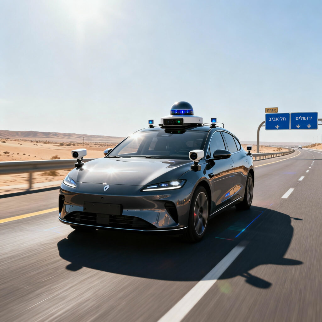 רכב אוטונומי בכביש מהיר עם טכנולוגיית חיישנים