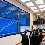 בורסת תל אביב בעת פעילות מסחר עם מדדים וטבלאות נתונים