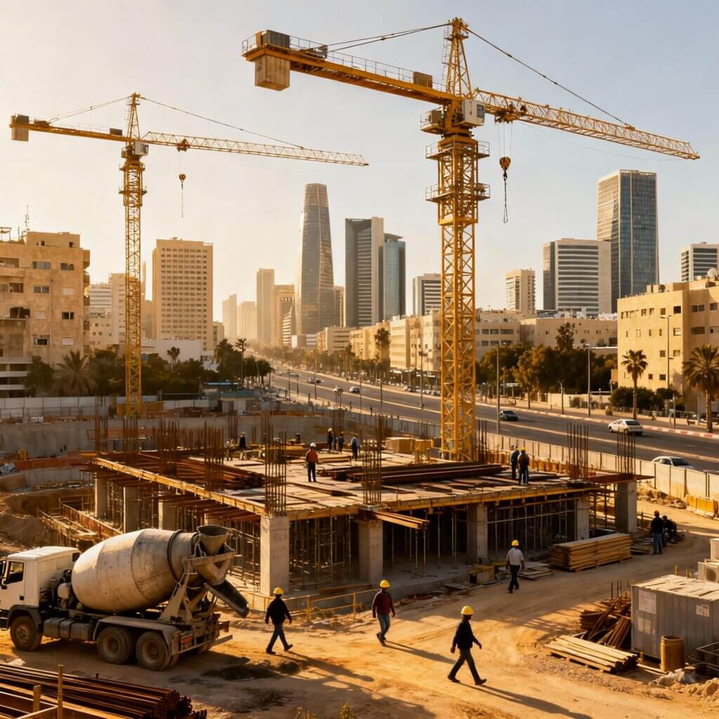 אתר בנייה פעיל במרכז עיר גדולה עם מנופים