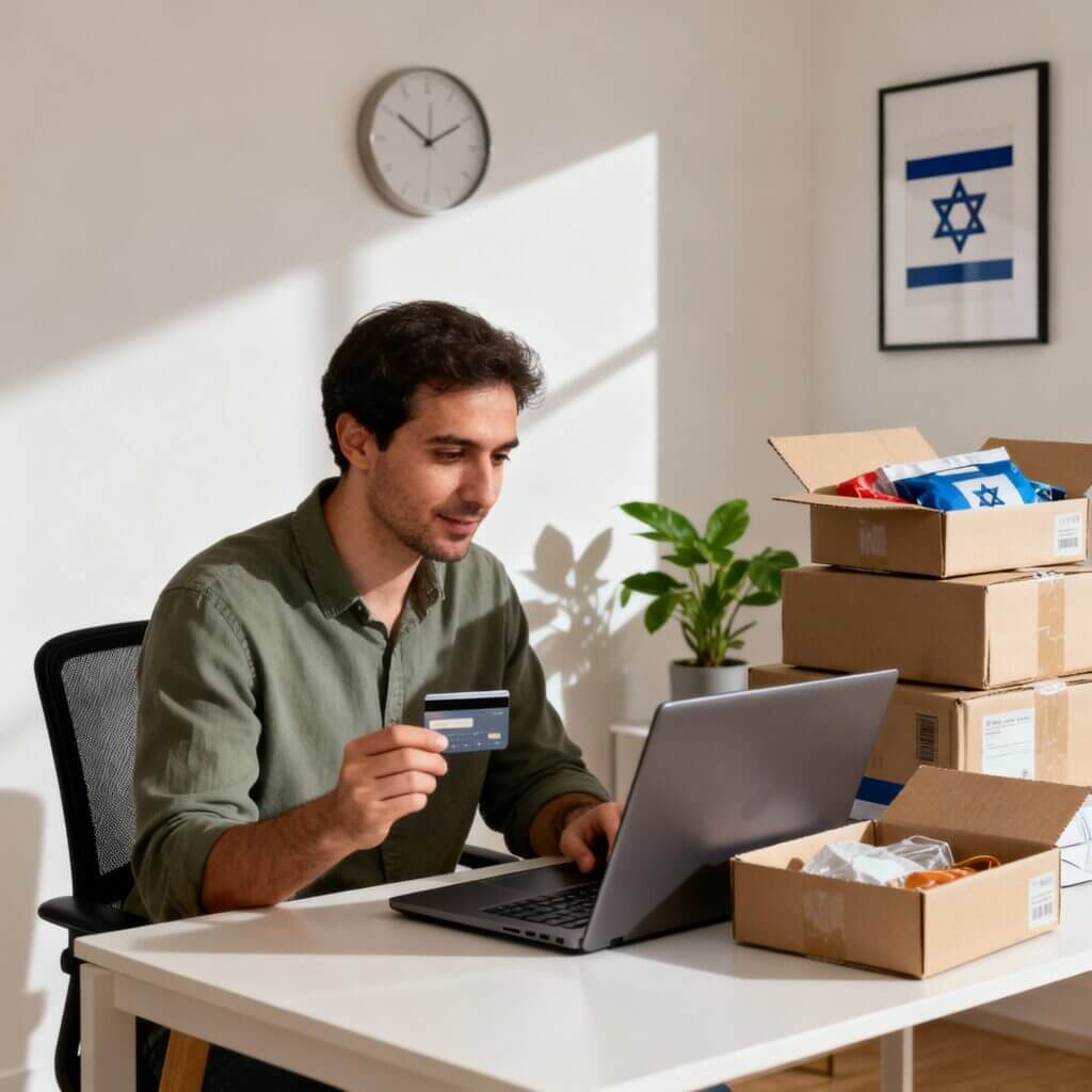 צרכן ישראלי מבצע קניות אונליין מהבית במחשב נייד