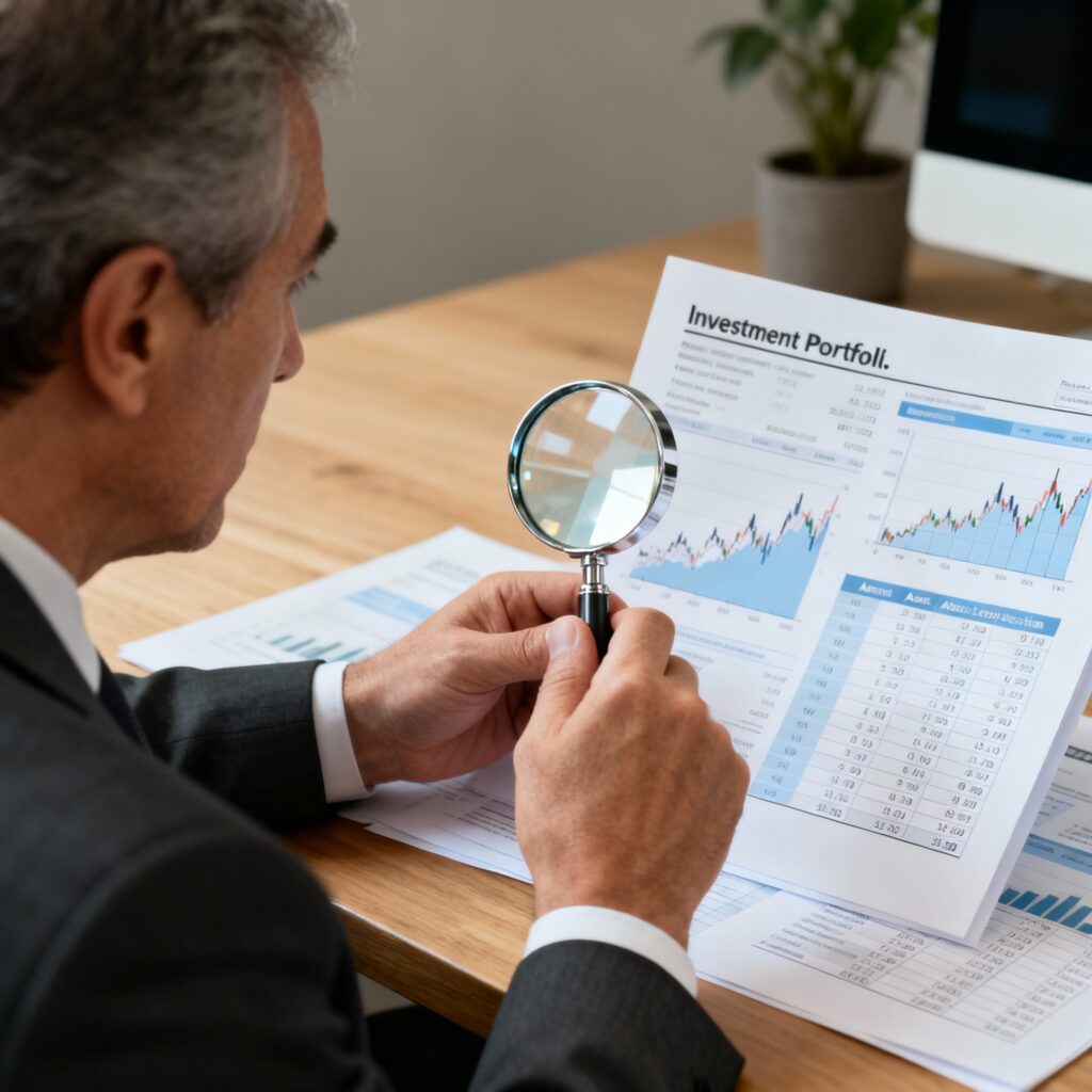 איש עסקים מנתח מסמכי תיק השקעות עם זכוכית מגדלת