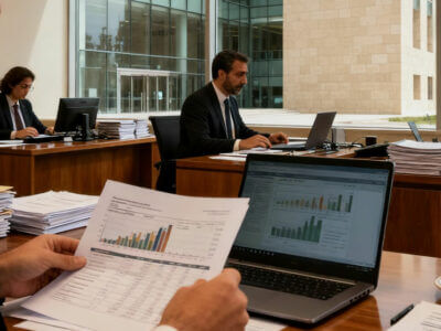 צוות עובדים בעבודה על נתונים כלכליים