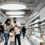 משפחה קונה בסופרמרקט תוך השוואת מחירים בסמארטפון