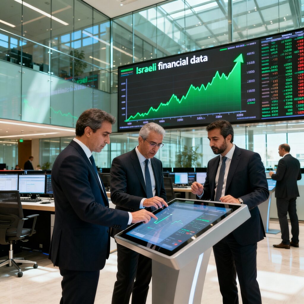 בורסה עם מסכים דיגיטליים המציגים עליות במדדים