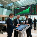 בורסה עם מסכים דיגיטליים המציגים עליות במדדים