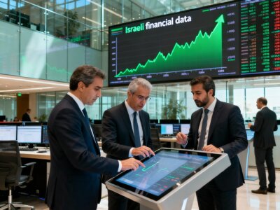 בורסה עם מסכים דיגיטליים המציגים עליות במדדים