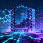 בניין דירות מודרני עם שכבה דיגיטלית ורשת בלוקצ'יין