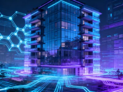 בניין דירות מודרני עם שכבה דיגיטלית ורשת בלוקצ'יין