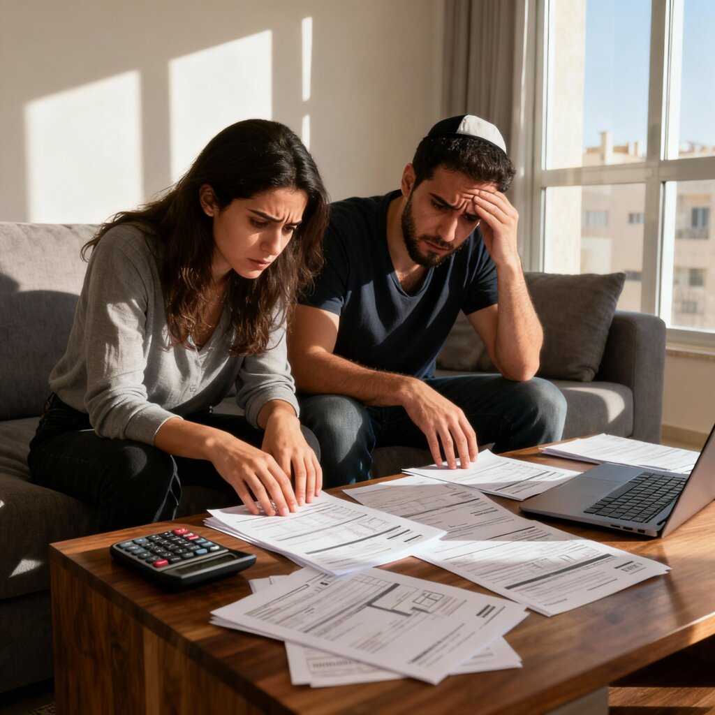 זוג צעיר בוחן מסמכי משכנתא ומתמודד עם עליית הריבית