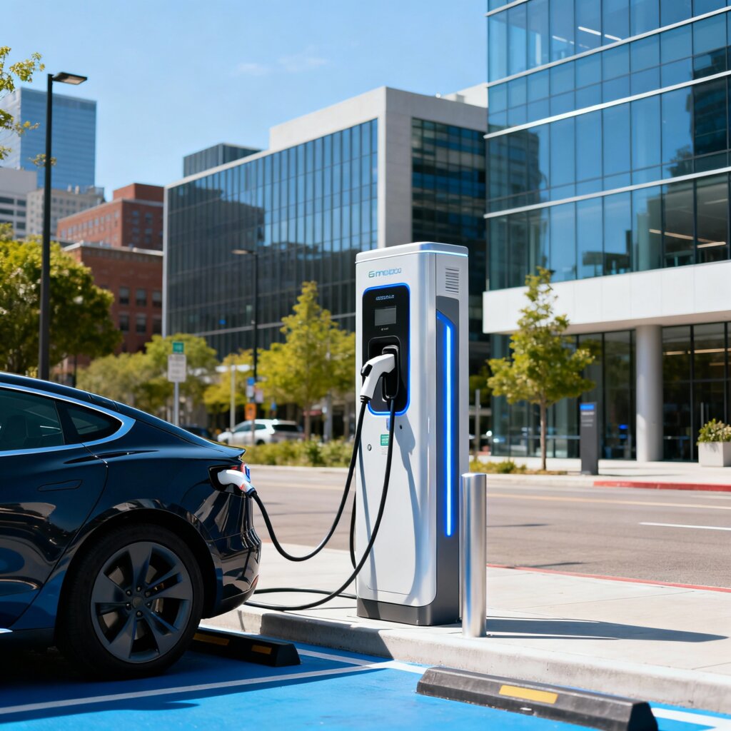 תחנת טעינה מודרנית לרכבים חשמליים בעיר