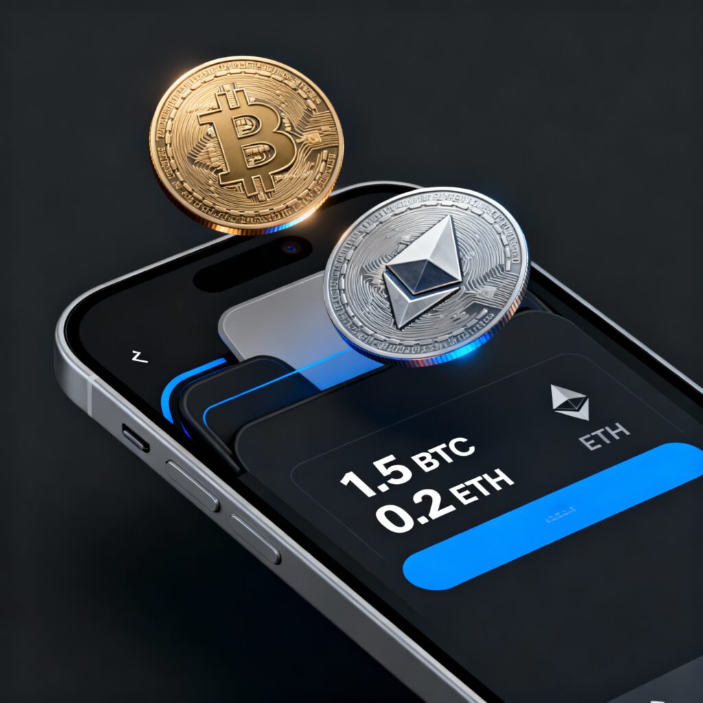 מטבעות קריפטו וארנק דיגיטלי על מסך סמארטפון
