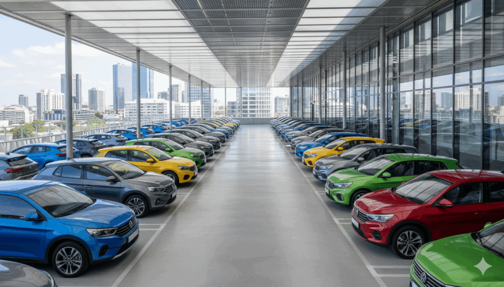 צי רכבים מנויים מרובי צבעים בחניון מודרני