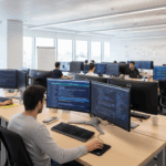 מעבדת פיתוח הייטק עם מחשבים ומסכים מתקדמים