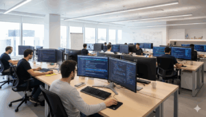 מעבדת פיתוח הייטק עם מחשבים ומסכים מתקדמים