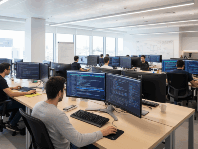 מעבדת פיתוח הייטק עם מחשבים ומסכים מתקדמים