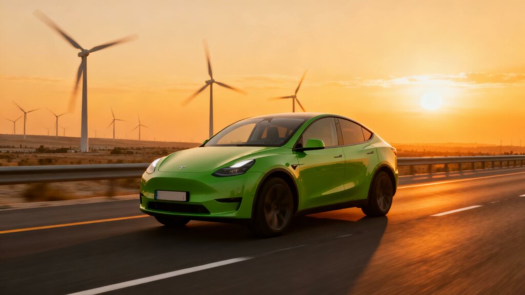 רכב חשמלי על כביש עם נוף ירוק בעתיד