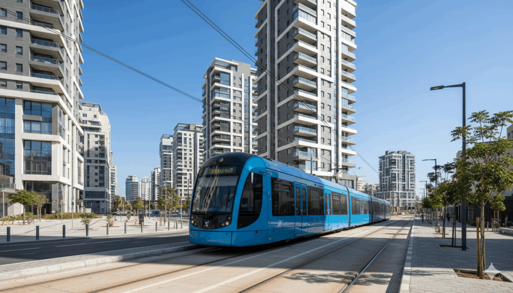 רכבת קלה עוברת ברחוב עירוני מודרני עם בניינים גבוהים