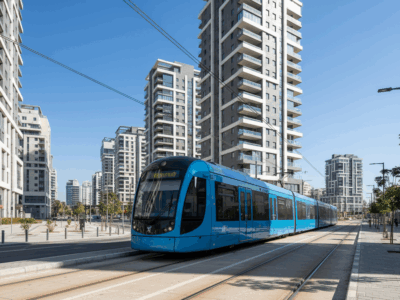 רכבת קלה עוברת ברחוב עירוני מודרני עם בניינים גבוהים