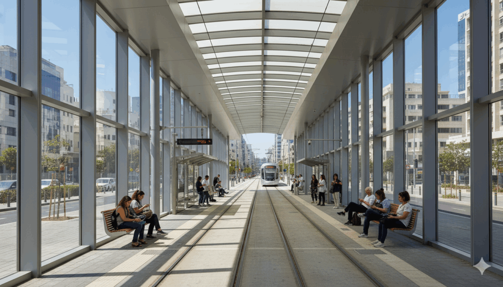 תחנה מודרנית של רכבת קלה עם אנשים המתרכזים