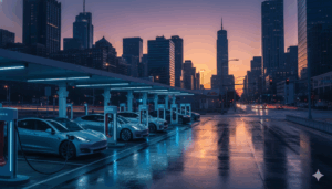 תחנת טעינה חשמלית מודרנית ברקע עירוני