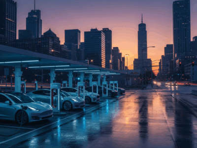 תחנת טעינה חשמלית מודרנית ברקע עירוני