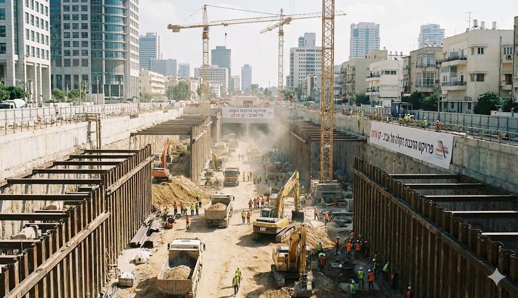 מנוף בנייה של הרכבת הקלה: חפירה עמוקה במרכז העיר