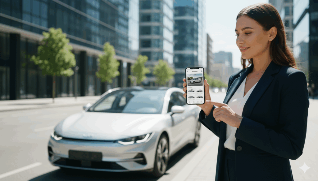 לקוח עם טלפון חכם בוחר רכב משירות מנויים