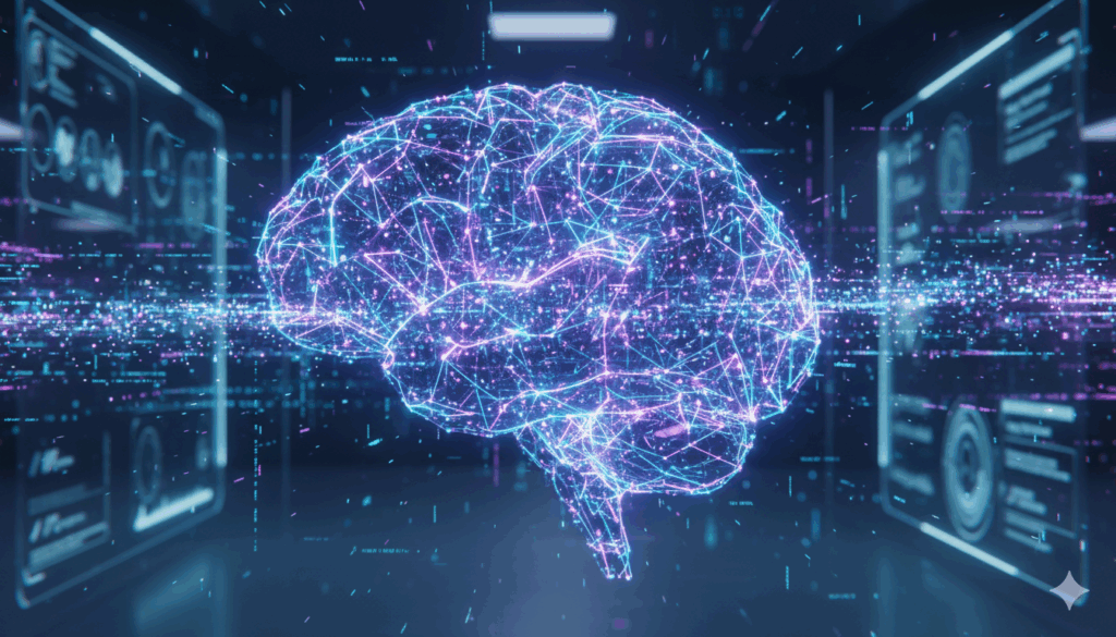מוח דיגיטלי עם חיבורים נוירליים וזרימת נתונים