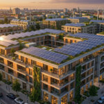 פאנלים סולאריים על גג בנייה מודרנית בעיר