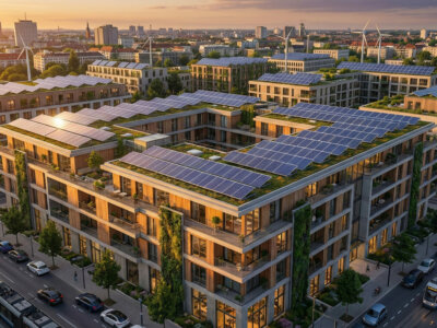 פאנלים סולאריים על גג בנייה מודרנית בעיר