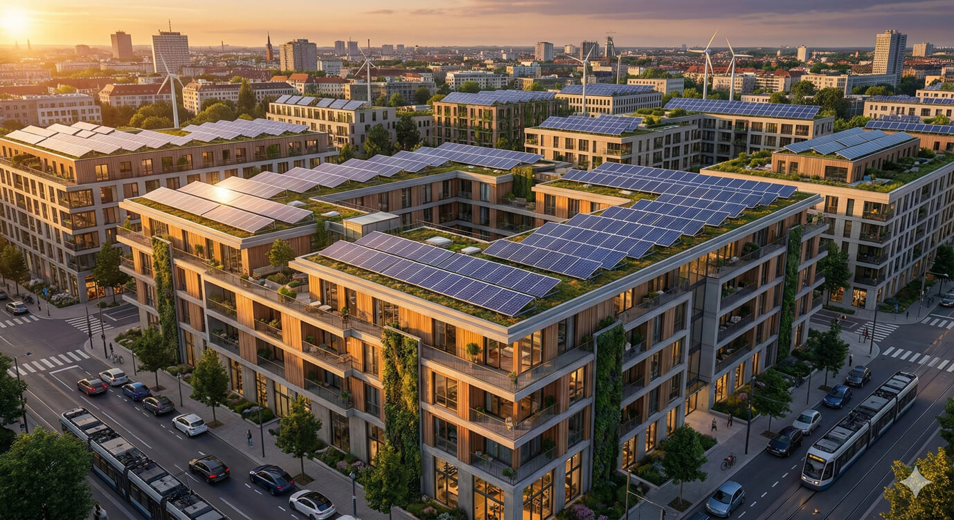 פאנלים סולאריים על גג בנייה מודרנית בעיר