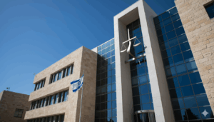 בניין בית משפט מודרני עם סמלי צדק