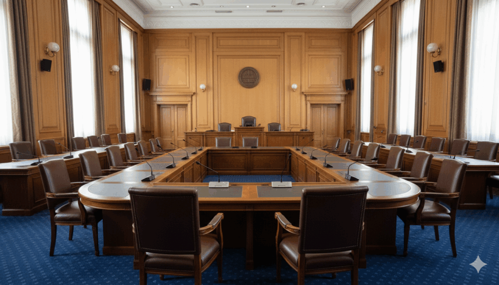 אולם ישיבות ממשלתי עם כיסאות ושולחנות