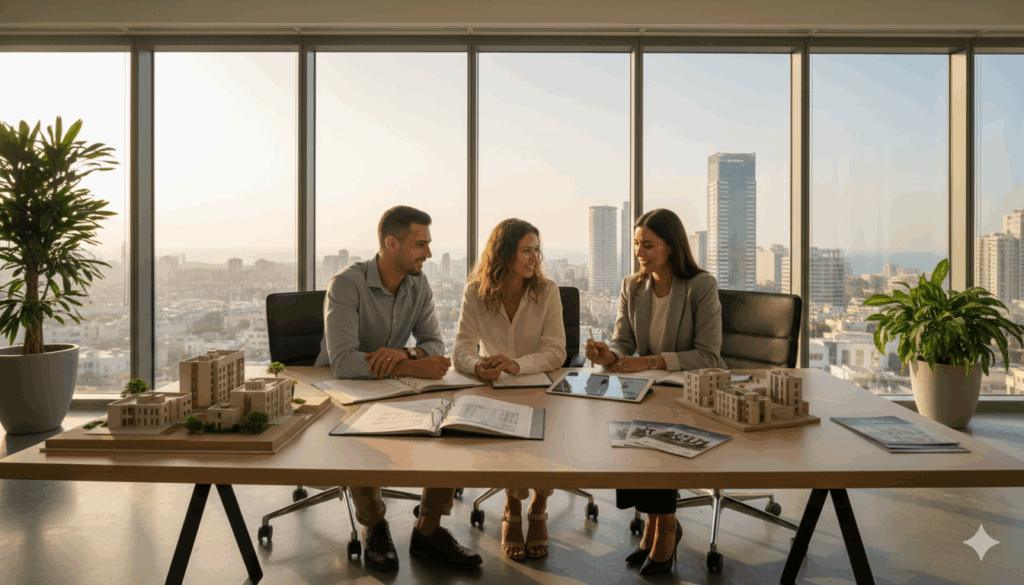 צעירים חוקרים אפשרויות קנייה דירה בסוכנות נדלן