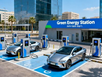 תחנת טעינה מהירה לרכבים חשמליים בסביבה עירונית מודרנית
