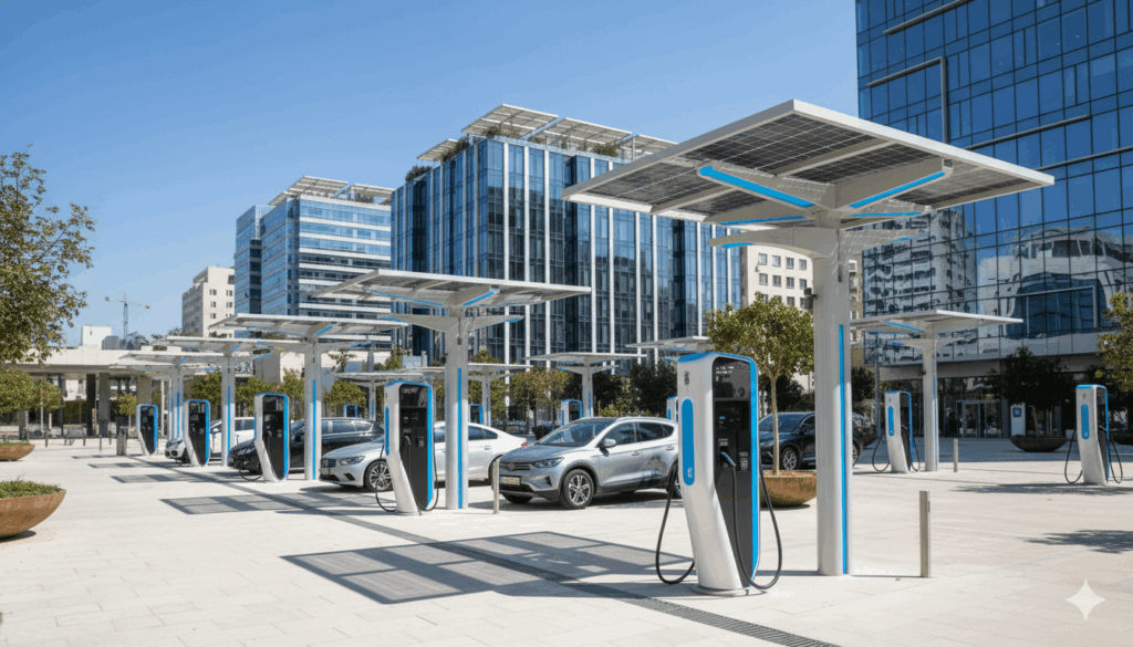 תחנות טעינה חשמליות מודרניות בעיר ישראלית
