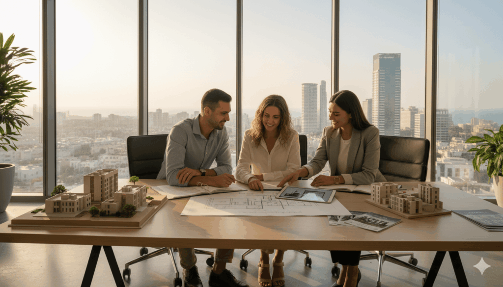זוג צעיר בוחן תוכניות דירה עם סוכן נדל"ן