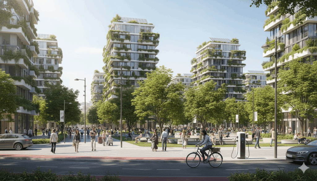 שכונה עירונית חכמה עם מגדלים ירוקים, תשתיות ניהול אנרגיה וחללים ציבוריים