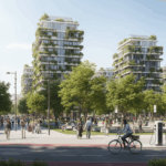 שכונה עירונית חכמה עם מגדלים ירוקים, תשתיות ניהול אנרגיה וחללים ציבוריים