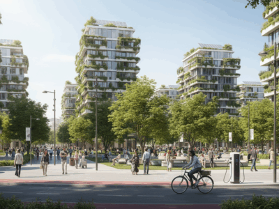 שכונה עירונית חכמה עם מגדלים ירוקים, תשתיות ניהול אנרגיה וחללים ציבוריים