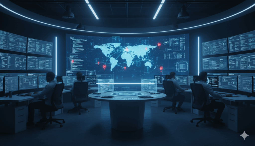 מרכז בקרת אבטחת סייבר עם מסכים מרובים