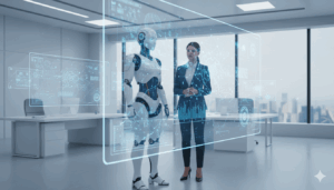 רובוט מתקדם ואדם עובדים יחד במשרד טכנולוגי עתידני