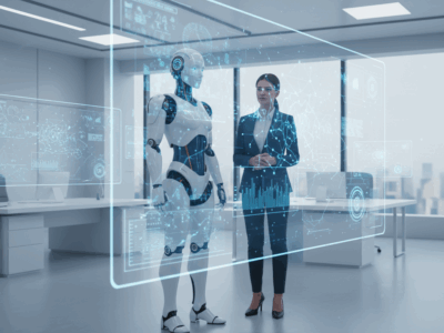 רובוט מתקדם ואדם עובדים יחד במשרד טכנולוגי עתידני